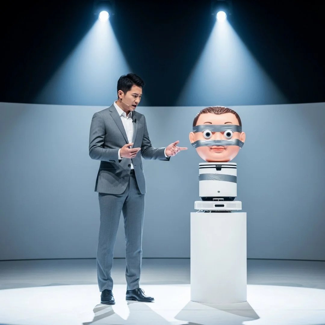 AI satire illustration: Tesla Unveils 'Futuristic' Robot That Is Clearly Just Roomba With Mannequin Head