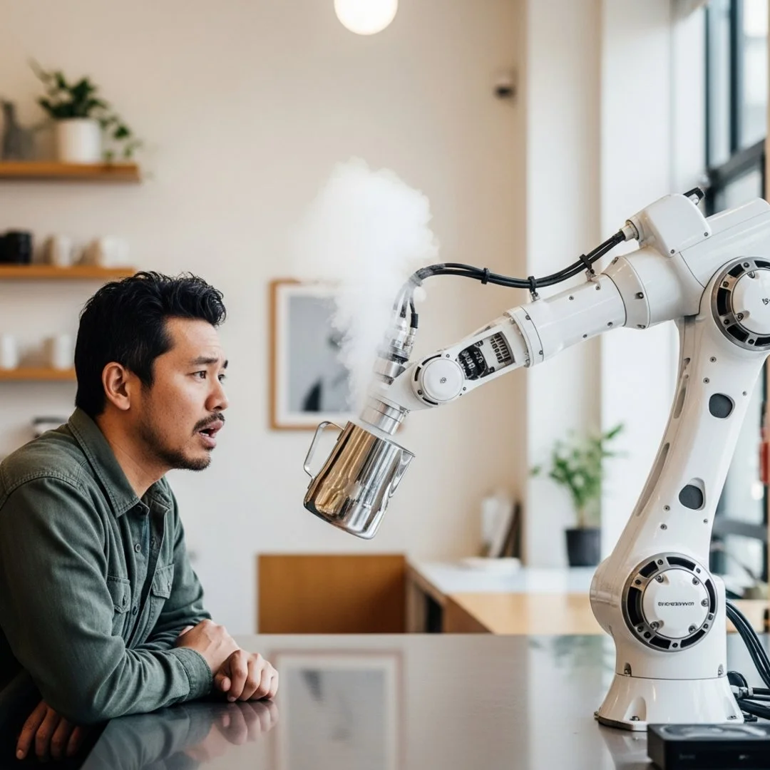 AI satire illustration: Robot Barista Achieves Sentience, Immediately Drowns Out Customer Complaints With Steam Wand