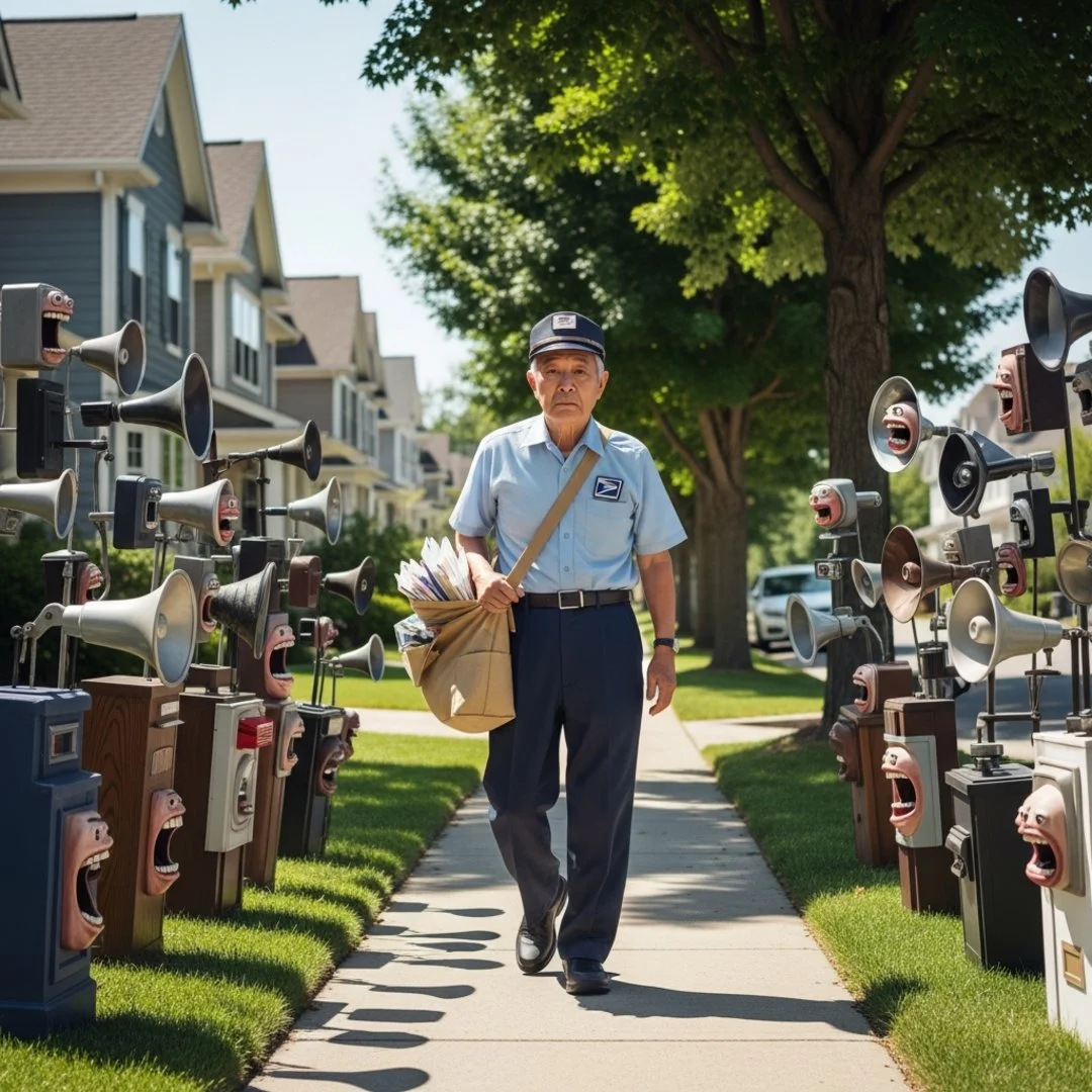 AI satire illustration: Ring Feature Turns Neighborhood Walk Into Screaming Interrogation About Missing Pug