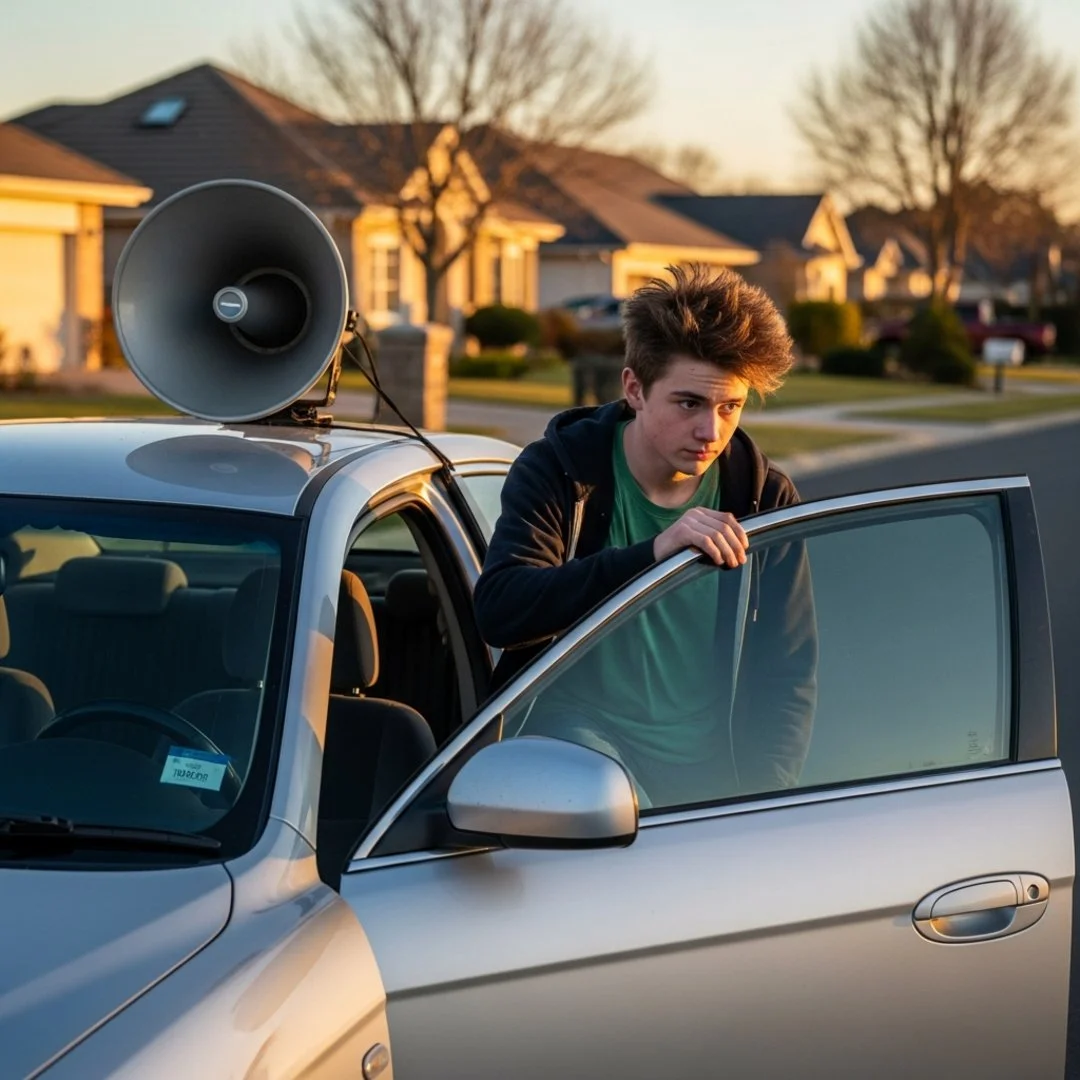 AI satire illustration: Lyft Safety Feature Uses External Speakers To Announce Teen Arrival To Entire Neighborhood