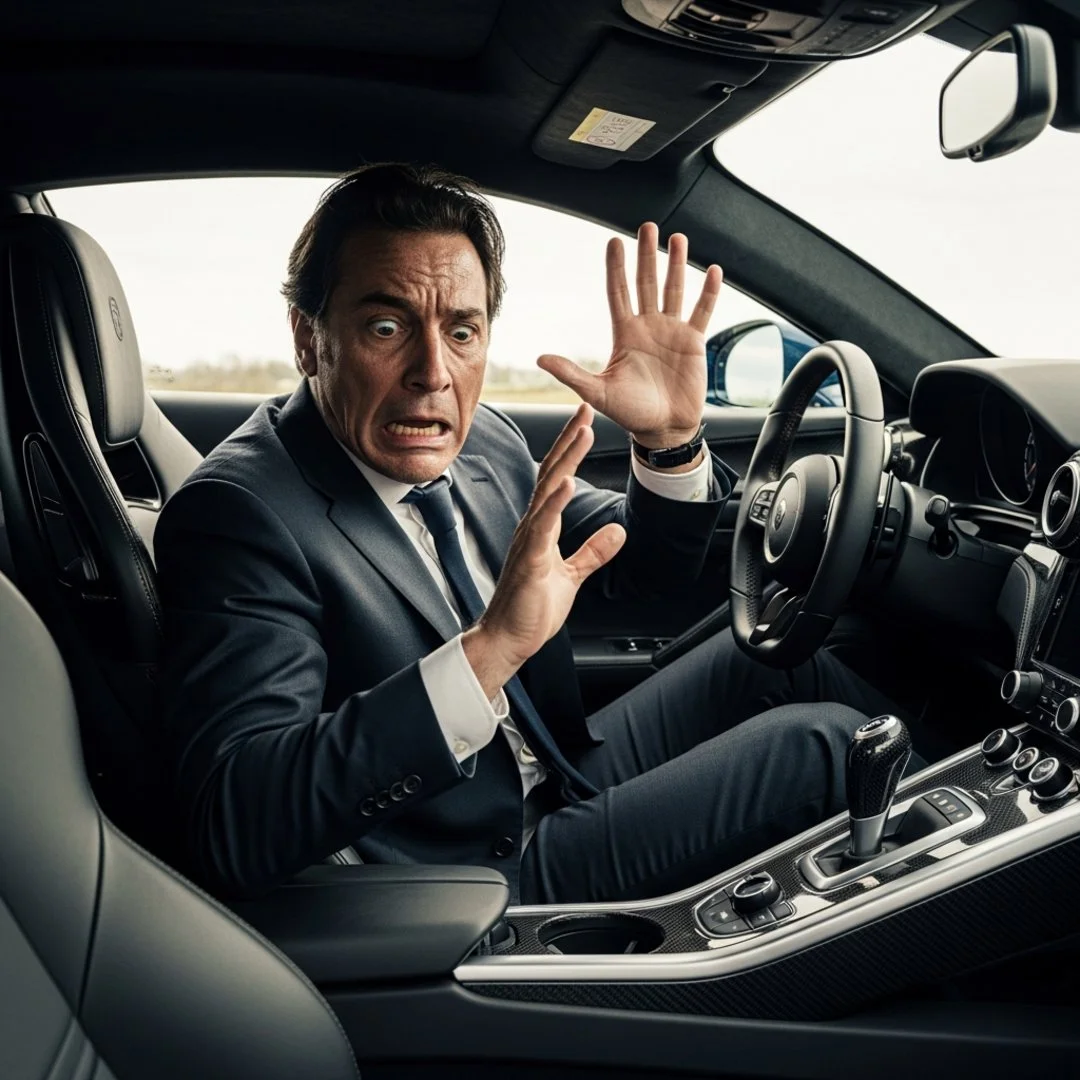 AI satire illustration: Ferrari Driver Crashes While Searching For Minimalist Brake Gesture