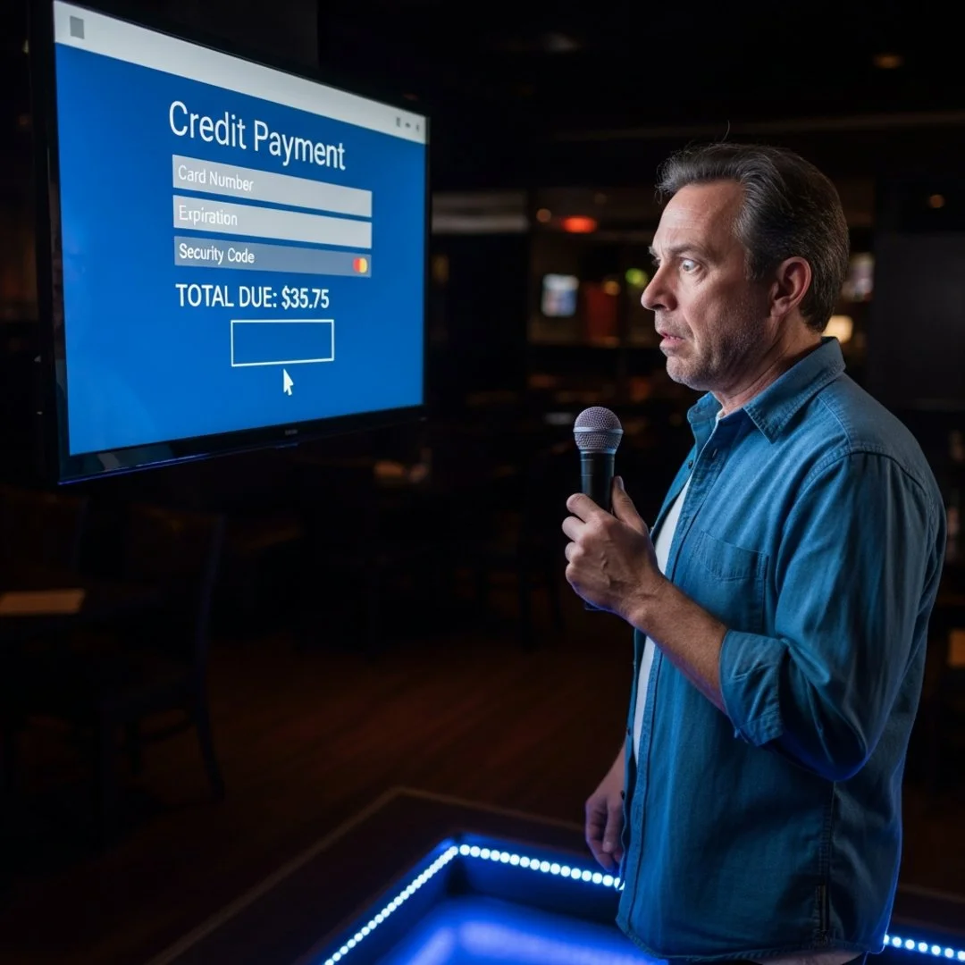 AI satire illustration: YouTube Music Pauses Karaoke Night To Demand Credit Card For Bridge