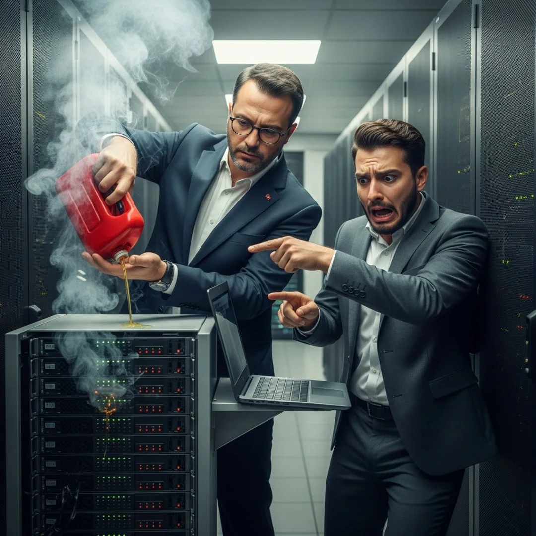AI satire illustration: CEO Torches Server Room Because AI Can Just 'Vibe Code' Everything Now