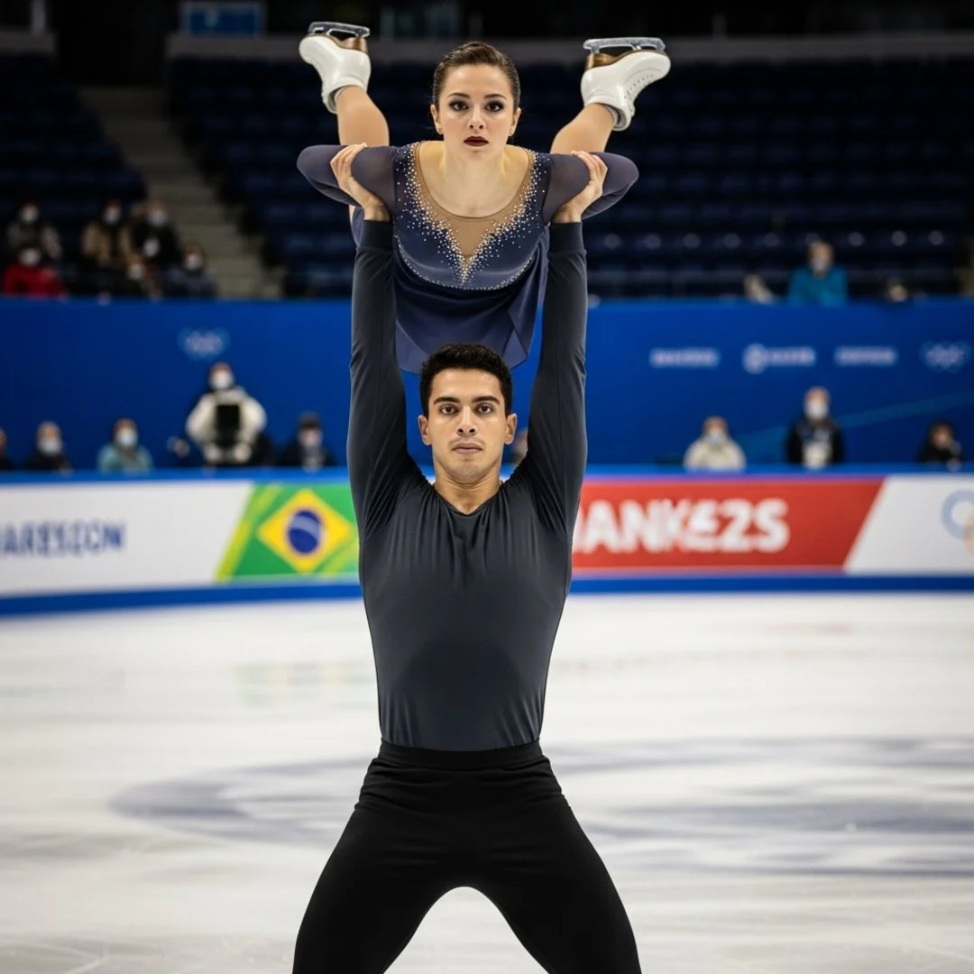 AI satire illustration: Olympic Skaters Freeze Mid-Lift As AI Music Reads Full Wikipedia Citation