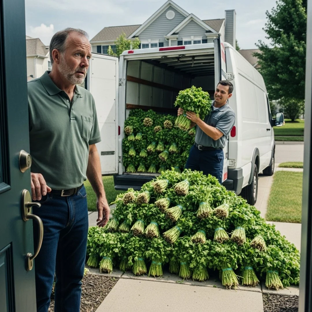 AI satire illustration: Uber Eats AI Sends 400 Pounds of Cilantro After Detecting ‘Taco Vibe’ in Dad’s Text
