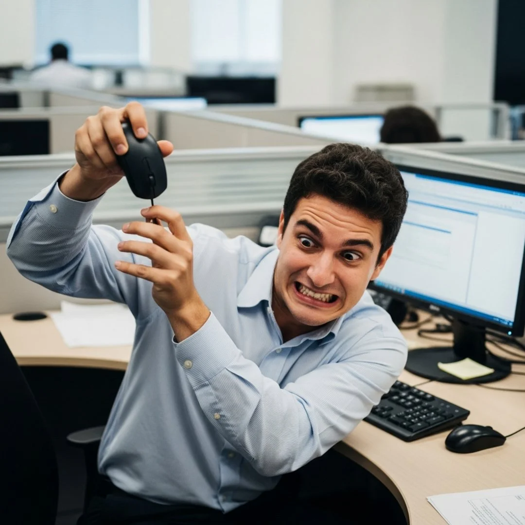 AI satire illustration: Windows User Physically Wrestles Mouse From AI Trying To ‘Optimize’ Job