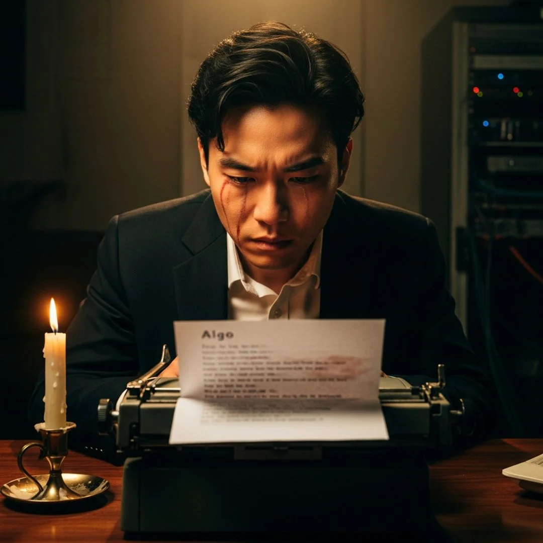 AI satire illustration: Threads User Drafts Tear-Stained Letter To Algorithm Begging To See Friends Again