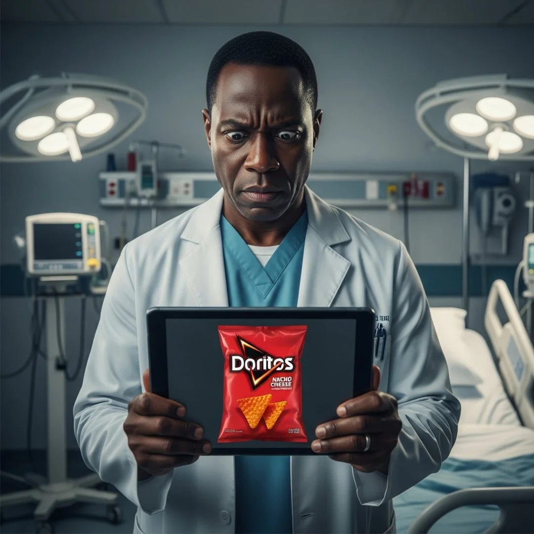 AI satire illustration: ChatGPT Pauses Life-Saving Diagnosis To Ask If You’ve Tried Doritos