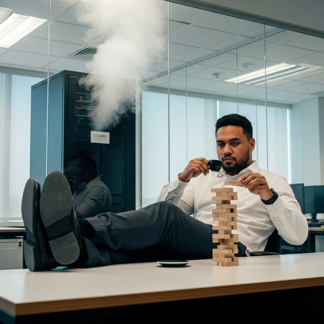 AI satire illustration: Spotify Developers Report Record Productivity While Playing Jenga Since December