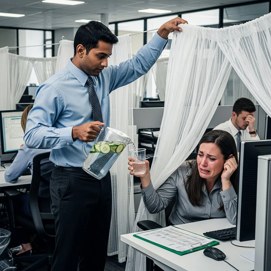 AI satire illustration: Office Morale Skyrockets After Cubicles Replaced With See-Through Cabana Curtains