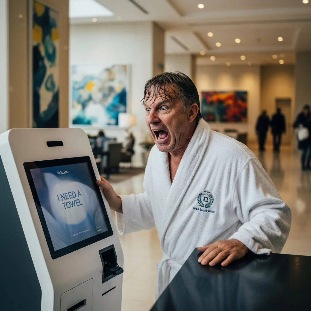 AI satire illustration: Hotel Guest Screams For Towel, Kiosk Politely Offers Platinum Upgrade