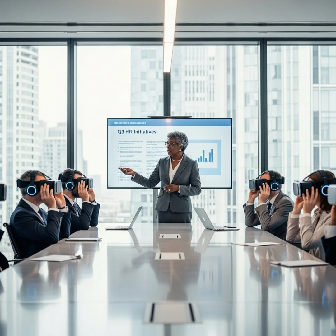 AI satire illustration: HR Director Praises 'Laser Focus' Of Managers Wearing Noise-Canceling Headphones During Slide Deck