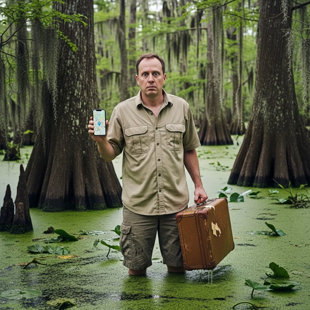 AI satire illustration: Airbnb AI Search Strands Family In Actual Swamp For 'Immersive Nature' Trip
