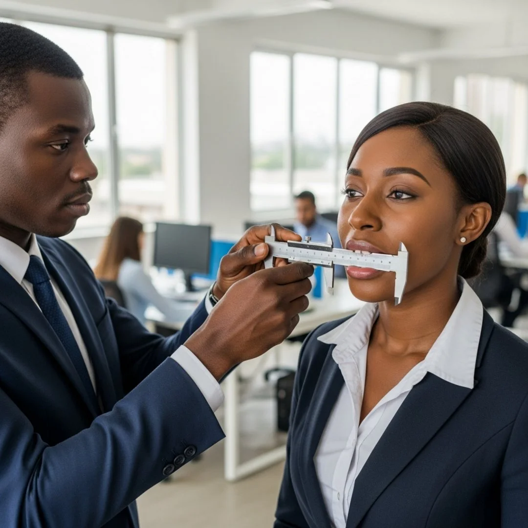 AI satire illustration: Company Deploys Precision Smile Calipers To Ensure Maximum Employee Happiness