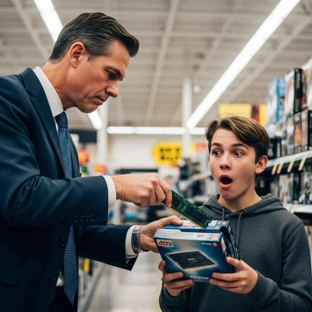AI satire illustration: AI Executive Snatches RAM From Teenager Because Chatbot Needs To Eat