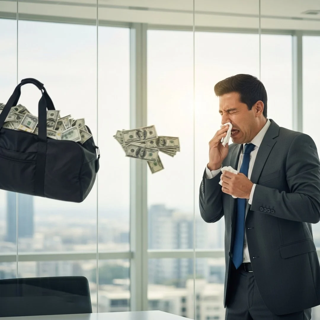 AI satire illustration: Founders Accidentally Raise $335 Million After Sneezing Loudly During Pitch