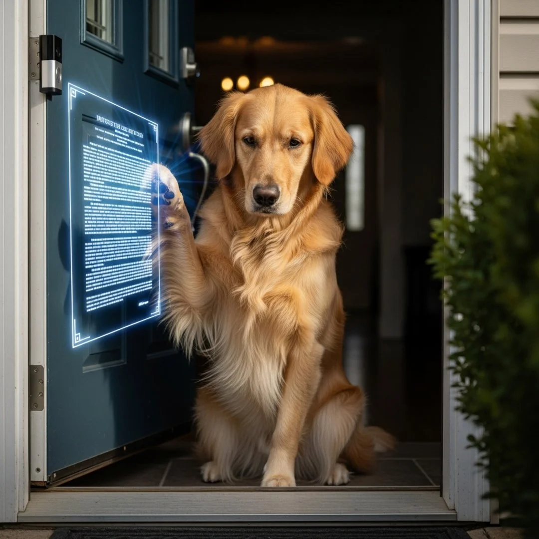 AI satire illustration: Ring Camera Refuses To Open Door For Lost Dog Until It Signs GDPR Form