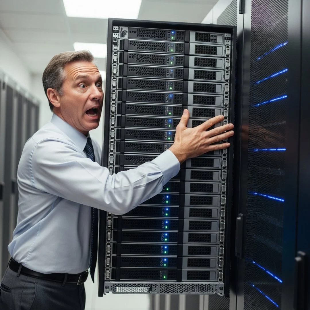 AI satire illustration: Manager Physically Hugs Server Rack To Protect Job Security From Intern