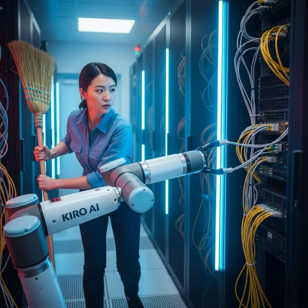 Satirical illustration for: Amazon AI Tool Successfully Reduces Cloud Server Load To Zero Percent