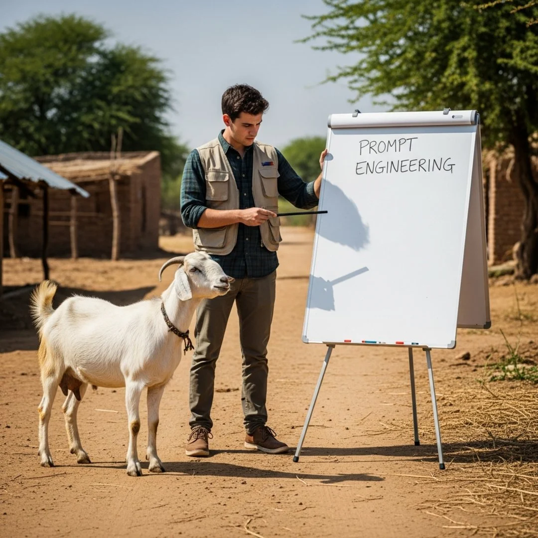 Satirical illustration for: US Tech Corps Volunteer Ignores Broken Well To Teach Villagers Prompt Engineering