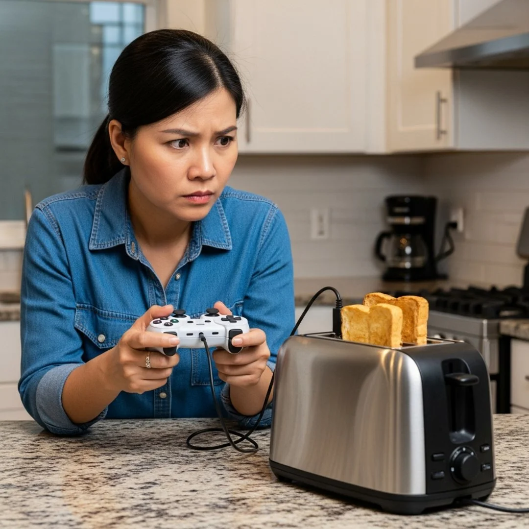 Satirical illustration for: Gamer Stares At Refrigerator For Hours Waiting For Halo To Load