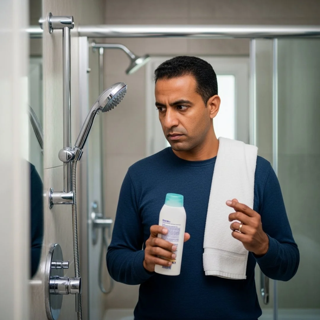 Satirical illustration for: Tech Enthusiast Spends Hour Cleaning Himself With Same Gallon Of Water