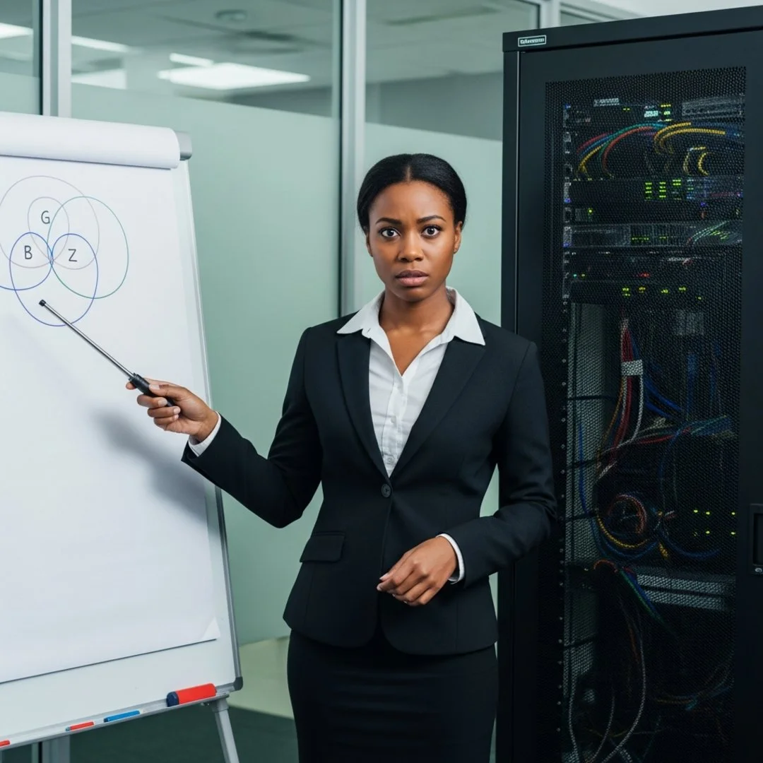 Satirical illustration for: World’s Smartest AI Forced To Watch Four-Hour Slide Deck On Synergy